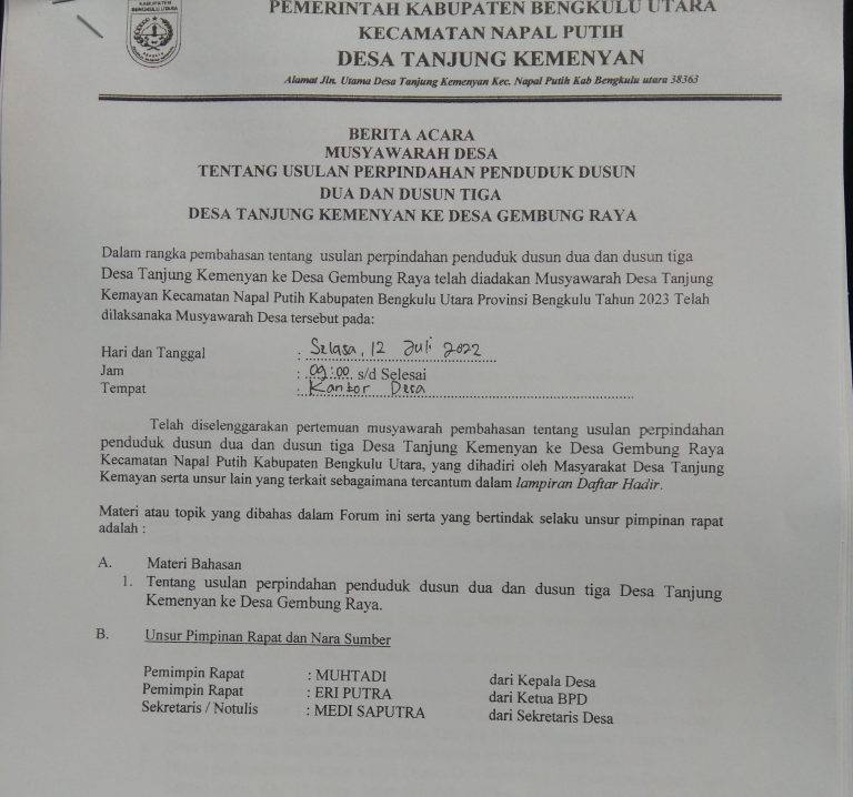 Sesuai dengan aturan dan mekanisme dua desa di bengkulu utara ajukan pemekaran