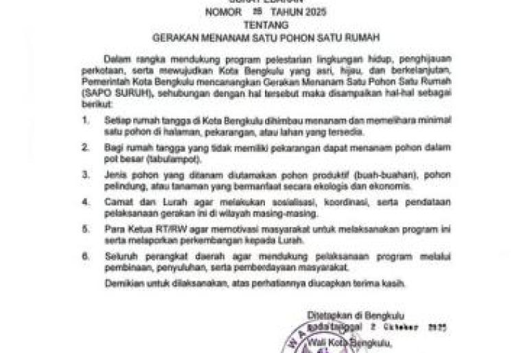 Walikota Bengkulu Terbitkan Edaran Gerakan “Satu Pohon Satu Rumah” untuk Wujudkan Kota Hijau dan Berkelanjutan